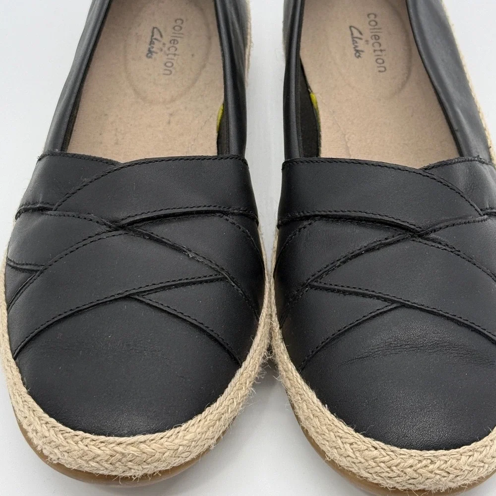 Clarks Espadrille Flats Womens 9.5 Black Leather Danelly Shine Comfort Slip on